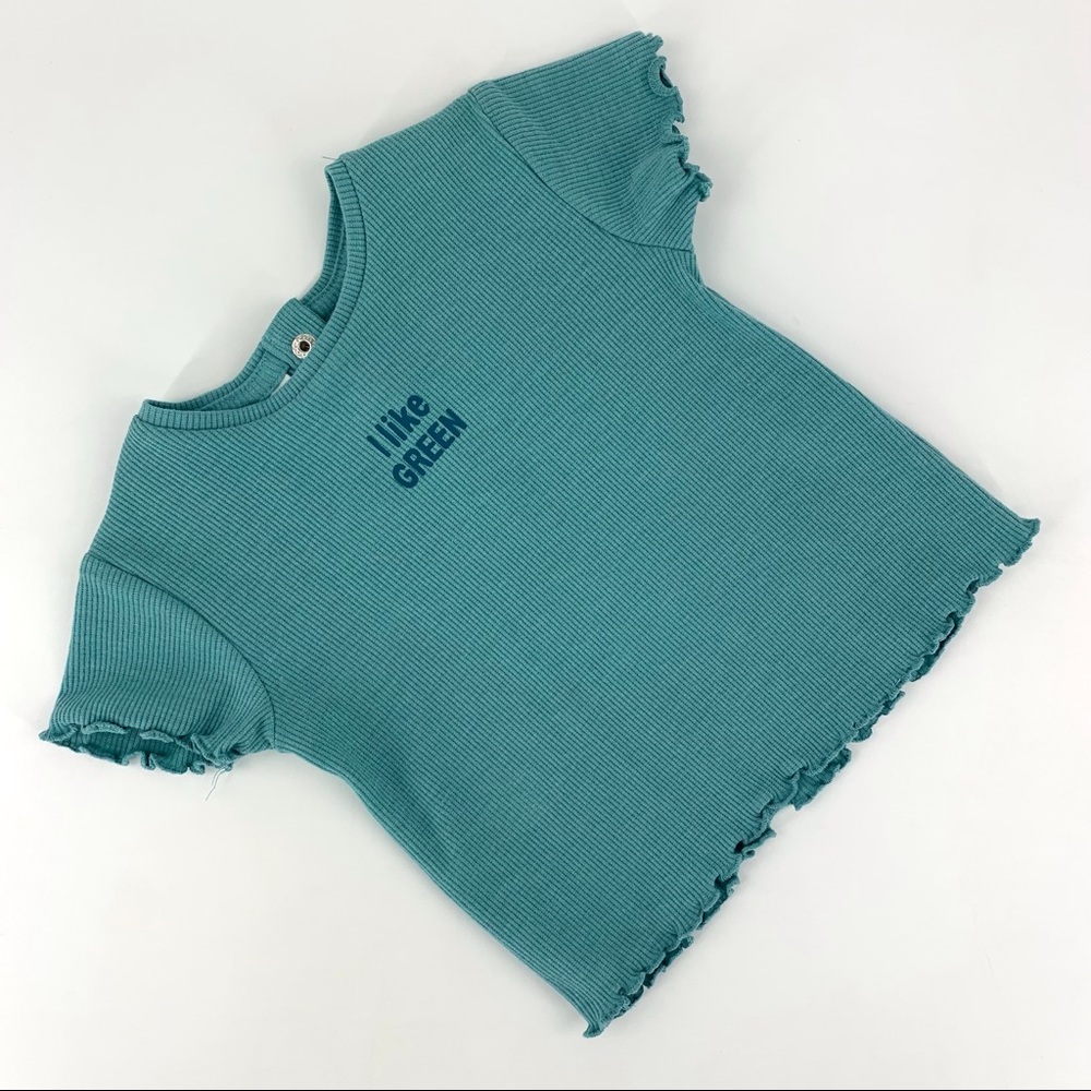 Zara NWT Infants' Green Ribbed Ruffle Edged 'I like GREEN' T-Shirt, 3 - 6 Months